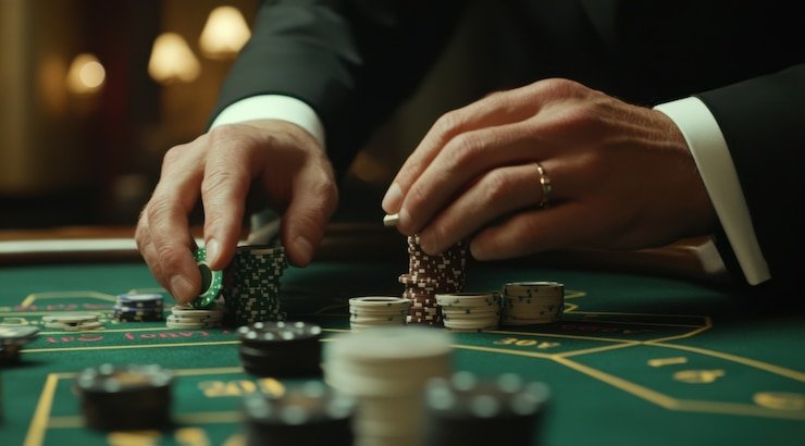 Meja casino live dengan dealer tangan membagikan kartu kepada pemain
